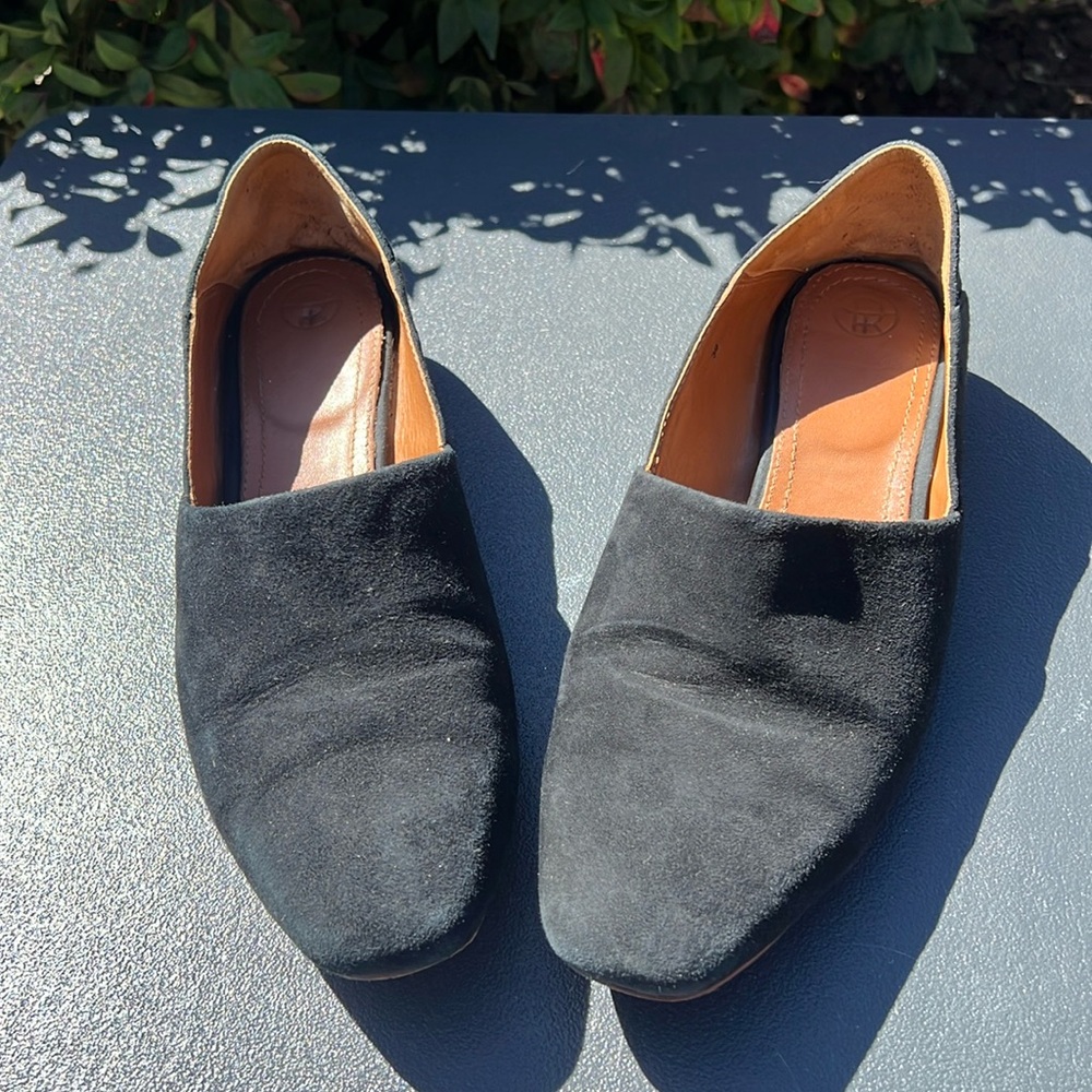 The Row black suede loafer